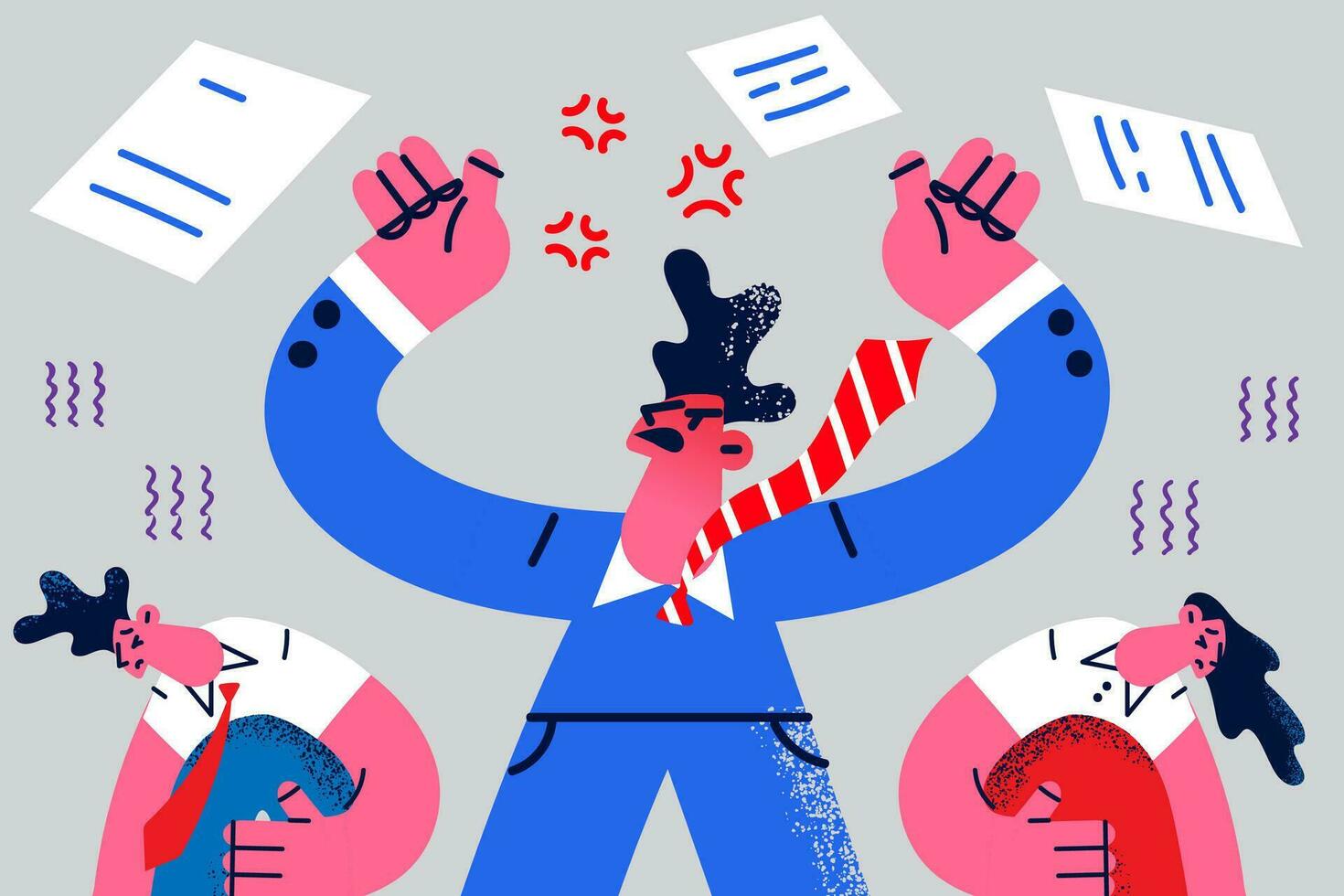 Angry boss or director scream yell at scared diverse employees in office. Furious businessman shout fire dismiss stressed workers at workplace. Power and leadership. Vector illustration.
