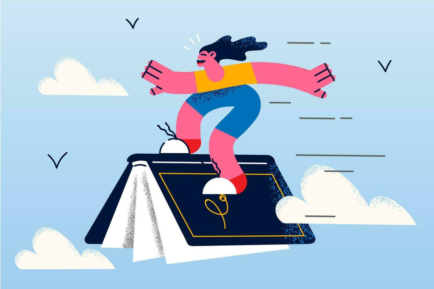 Happy little girl child fly on book enjoy fairytale world. Smiling dreamy small teen kid enjoy literature reading, open new horizons. Booklover, library and bookstore concept. Vector illustration.