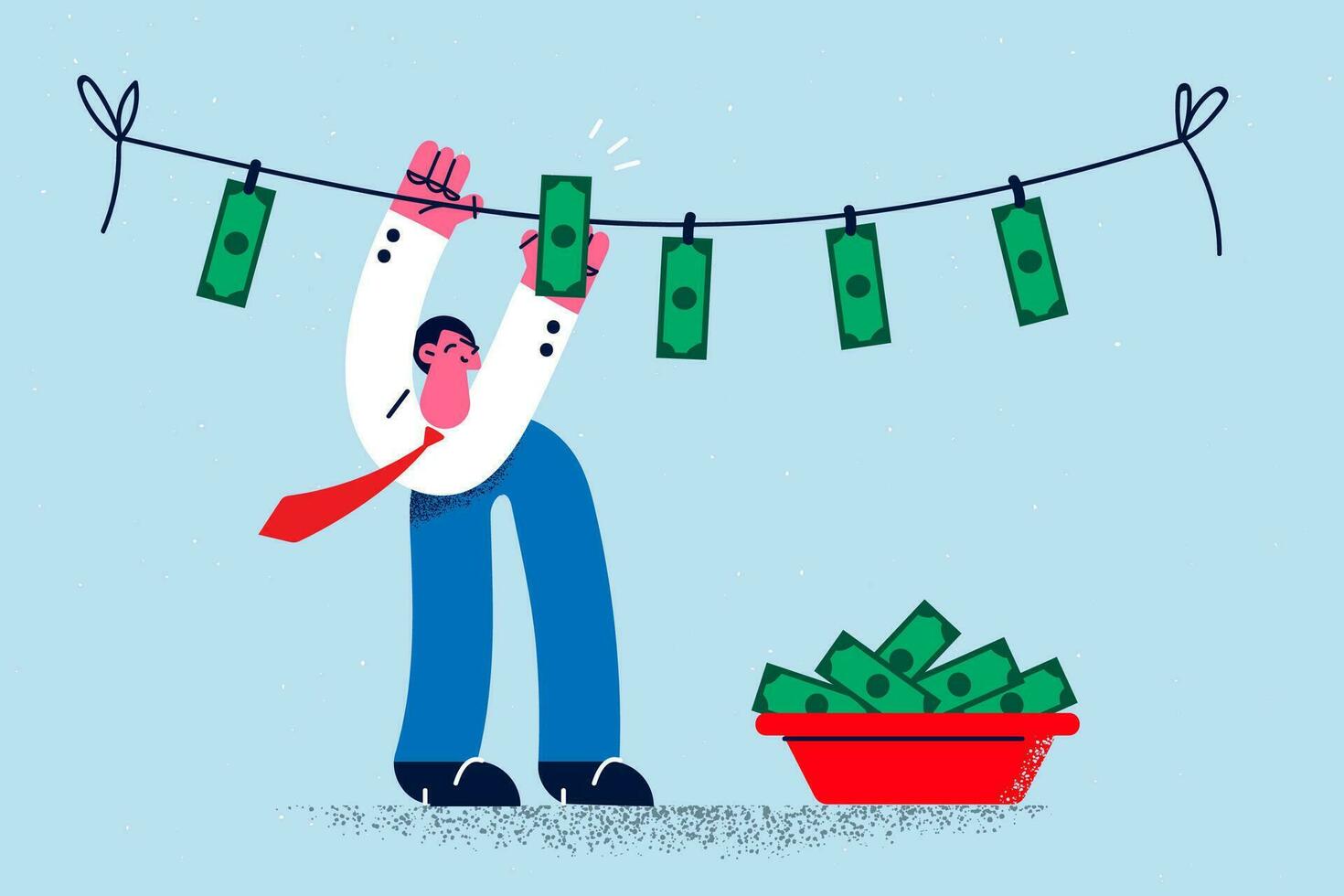 Happy businessman hang and collect banknotes on ropes. Smiling male employee or worker involved in money laundering process. Corruption and tax evasion. Flat vector illustration.