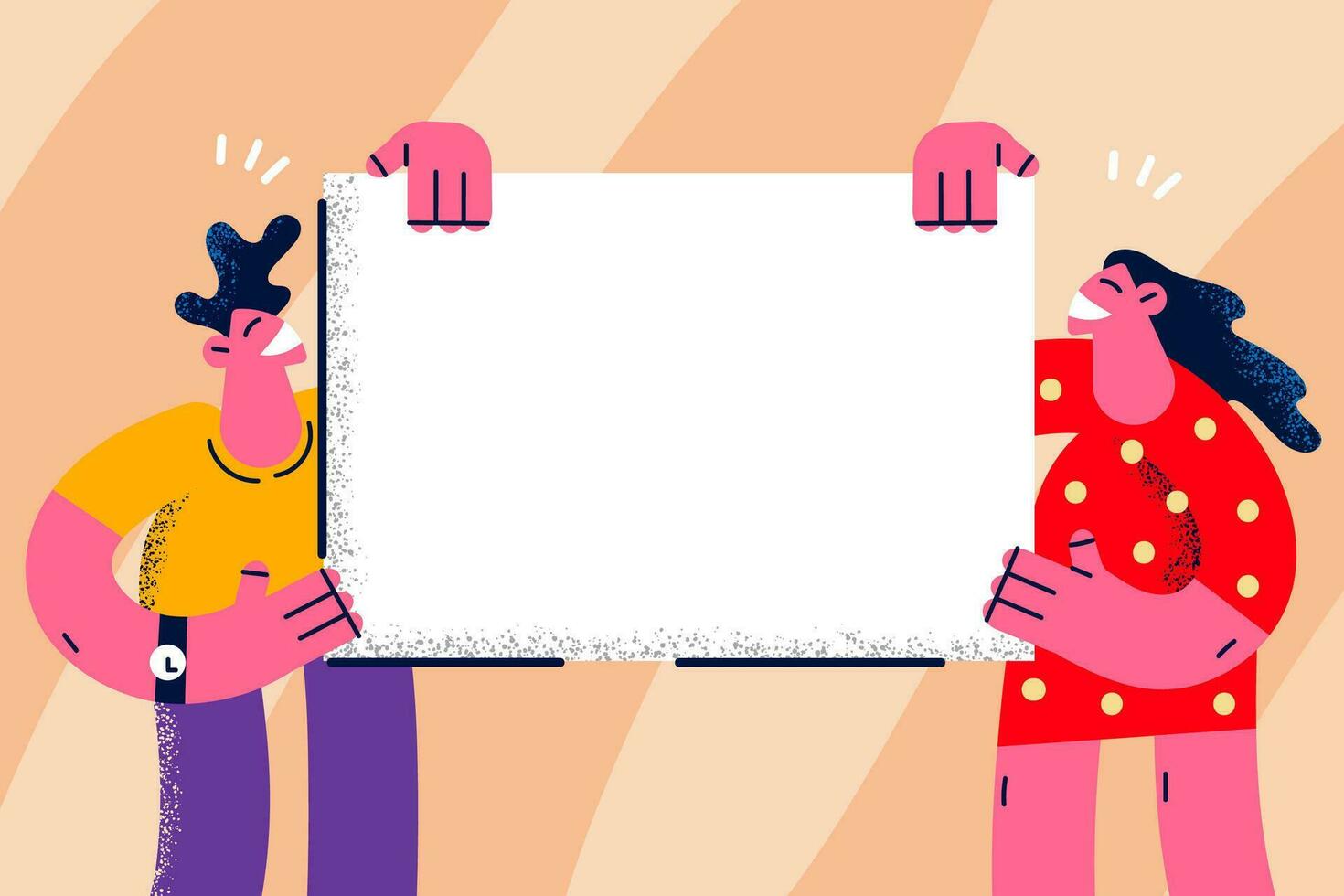 Diverse smiling people hold empty blank placard or frame announce good deal or sale. Happy businesspeople demonstrate mockup board for advertisement. Copy space. Flat vector illustration.