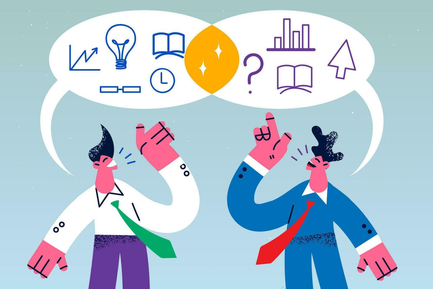 Diverse businessmen exchange creative business ideas engaged in cooperation process. Men colleagues or employees think brainstorm develop strategy or plan together. Teamwork. Vector illustration.