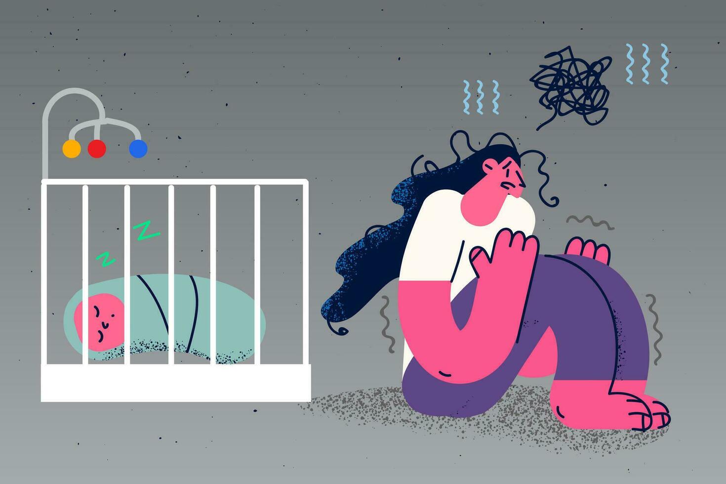 Unhappy young mother feel depressed near cradle with newborn infant suffer from postpartum depression. Upset mom near crib with baby kid struggle with psychological problem. Vector illustration.