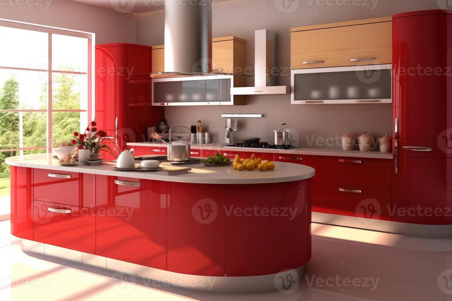 stock photo of modern wood red kitchen ultra
