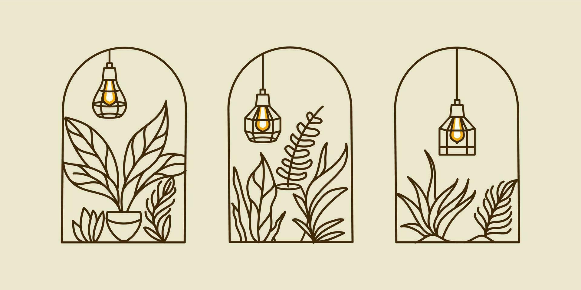 boho logos con tropical planta hojas en florero con colgante ligero lámpara en moderno minimalista línea estilo. vector bohemio etiquetas para creando tarjeta postal, carteles, invitación, social medios de comunicación publicaciones
