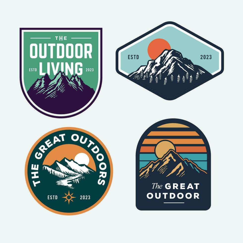 set collection of vintage adventure badge. Camping emblem logo with mountain illustration in retro hipster style. vector