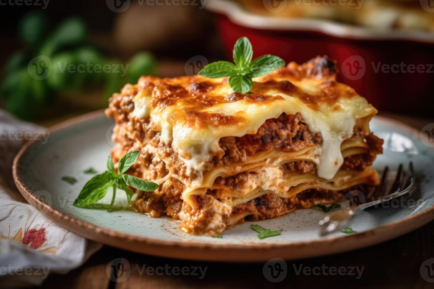 stock photo slice of lasagna in kitchen table bird view