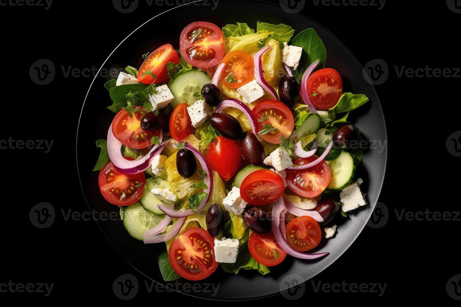 stock photo of greek salad flat lay photography