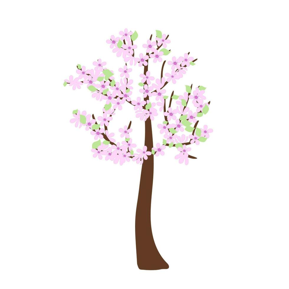 Cherry blossom tree with delicate light pink flower branches in simple flat style, vector illustration for Welcome spring concept, greeting cards, banners, springtime events invitations