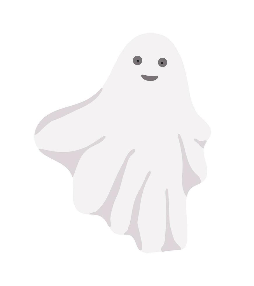 Little cute white ghost with face emotions vector illustration on the white, cartoon spooky simple character colorful drawing for Halloween holiday celebrations, banner, fairy tale character decor