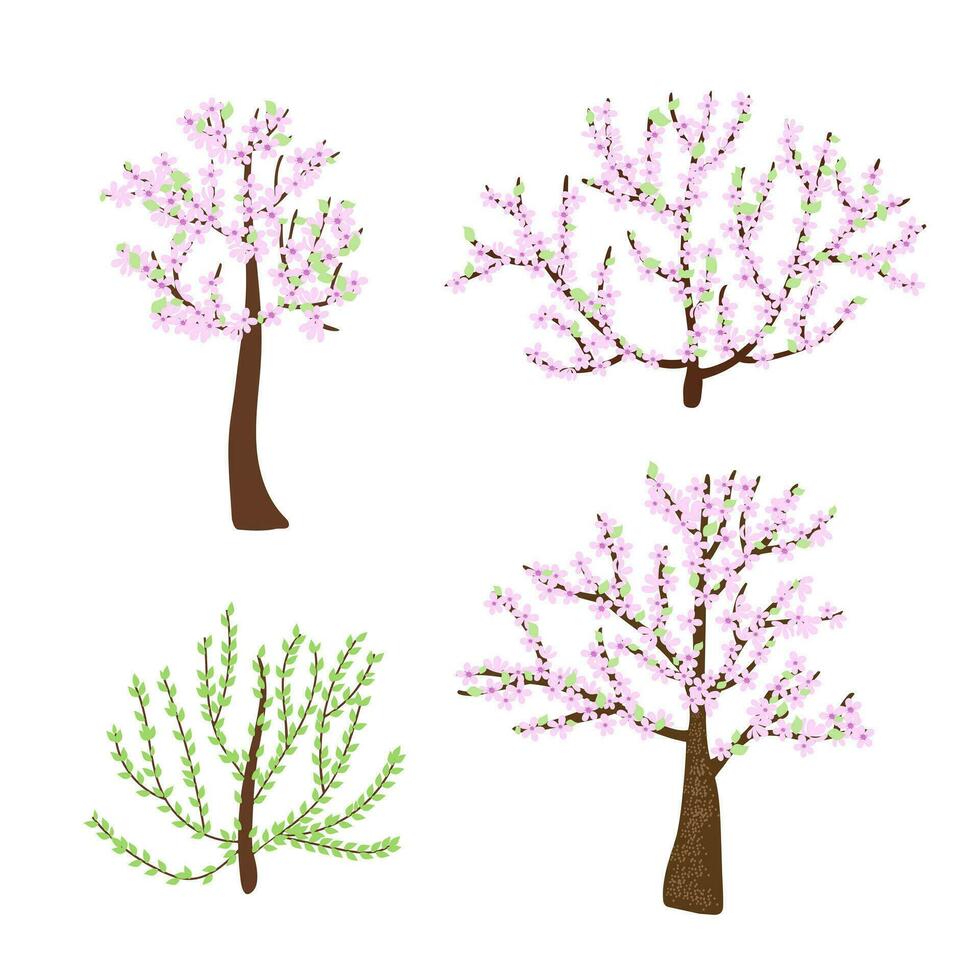 Cherry blossom trees, bushes set with delicate light pink flower branches in simple flat style, vector illustration for Welcome spring concept, greeting cards, banners, springtime events invitations