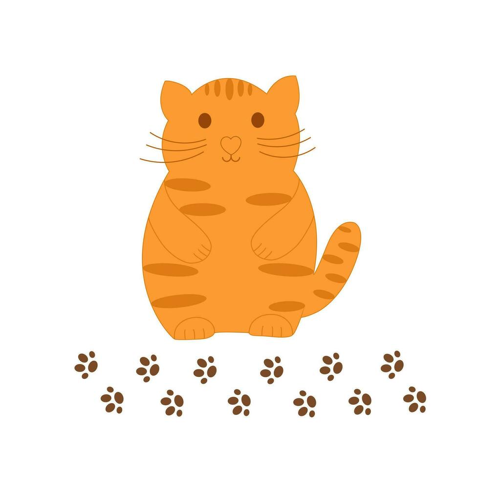 pequeño linda gracioso rojo a rayas gato con huella de sus patas, sencillo plano estilo vector ilustración, Doméstico mascota acogedor hogar interior concepto