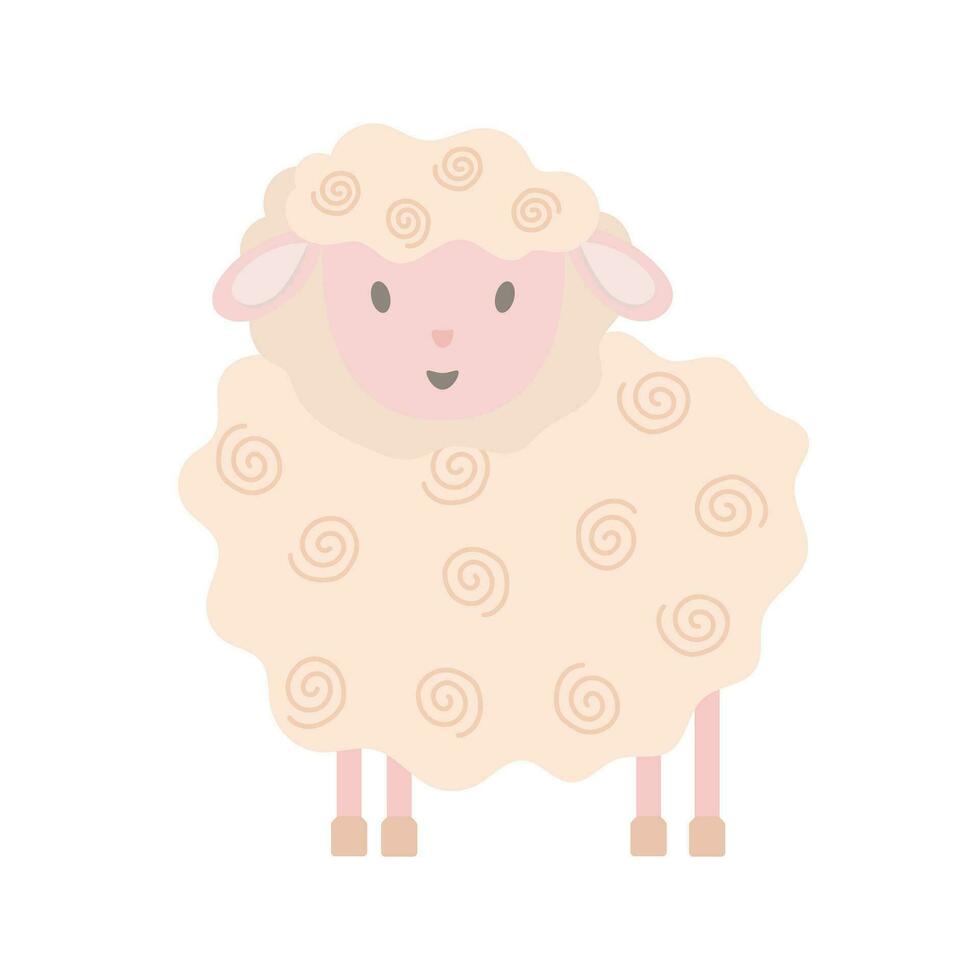 Little cute funny sheep in simple cartoon style vector illustration for children, farm pink animal greeting card design for invitation, birthday celebration, kids holidays decor