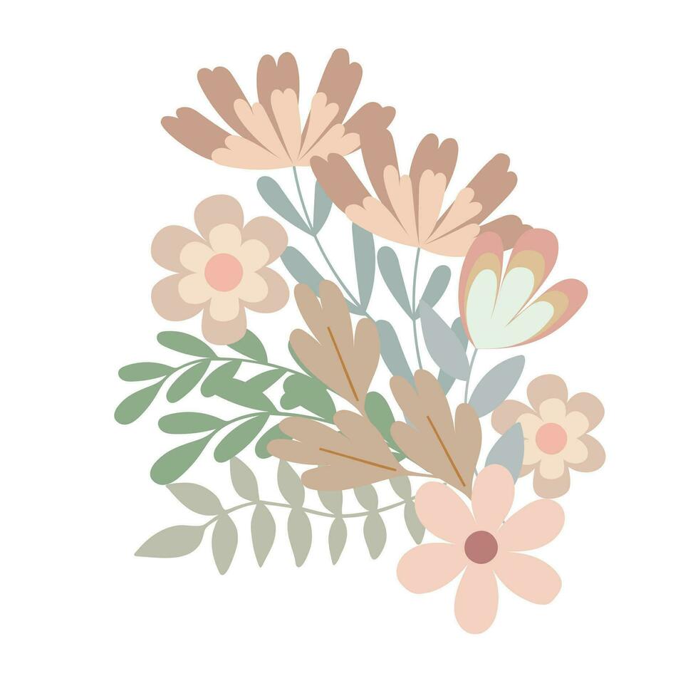 Floral arrangement of simple pastel-colored flowers in flat style vector illustration, symbol of spring, cozy home, Easter holidays celebration decor, clipart for cards, bohemian springtime decoration