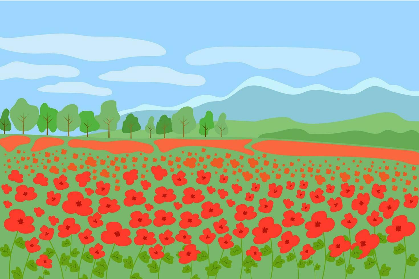 Red poppy flowers field beautiful natural landscape of French Provence, scenery bright background with forest, mountains on a sunny summer day vector