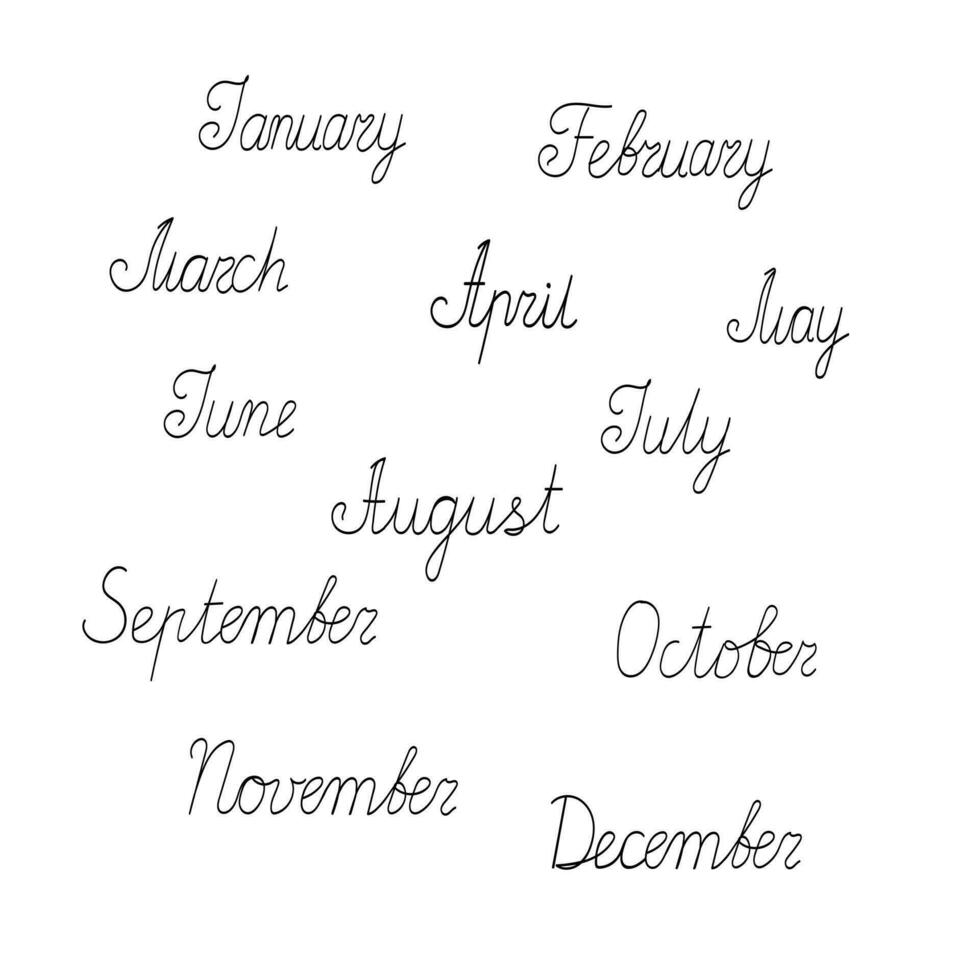 Months of the year names set, hand drawn vector illustration, calligraphic lettering for planner, calendar, schedule, timetable