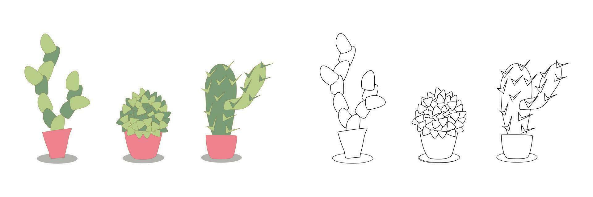 coloring book - set of stylized indoor cacti vector