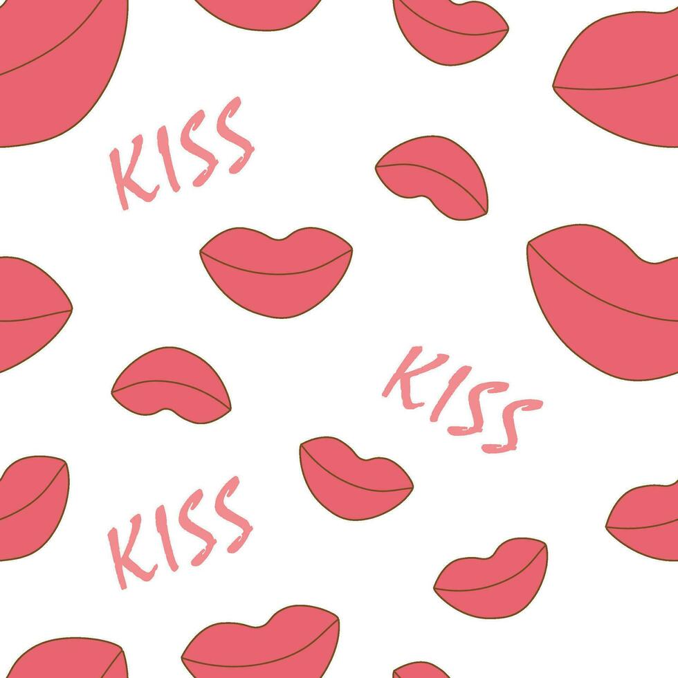 pattern pink lips with inscription kiss on white vector