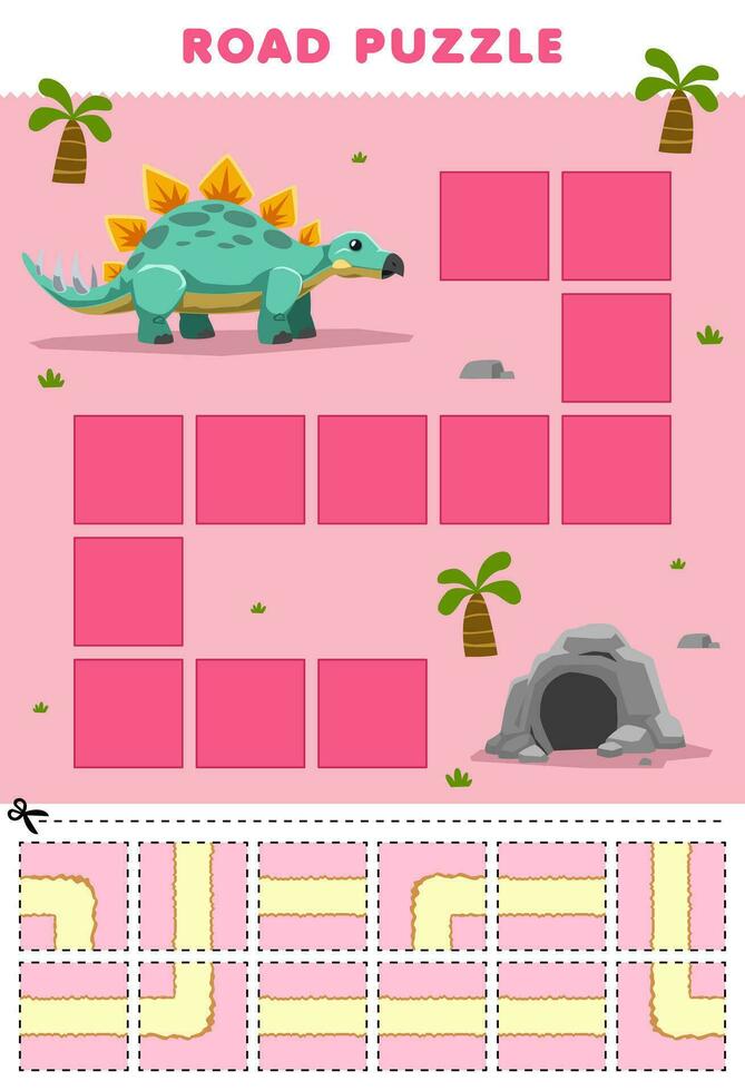 Education game for children road puzzle help stegosaurus move to cave printable dinosaur worksheet vector