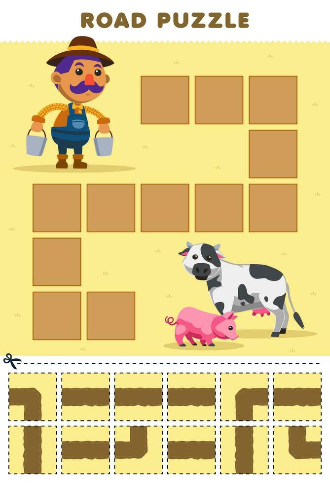 Education game for children road puzzle help farmer move to pig and cow printable farm worksheet vector
