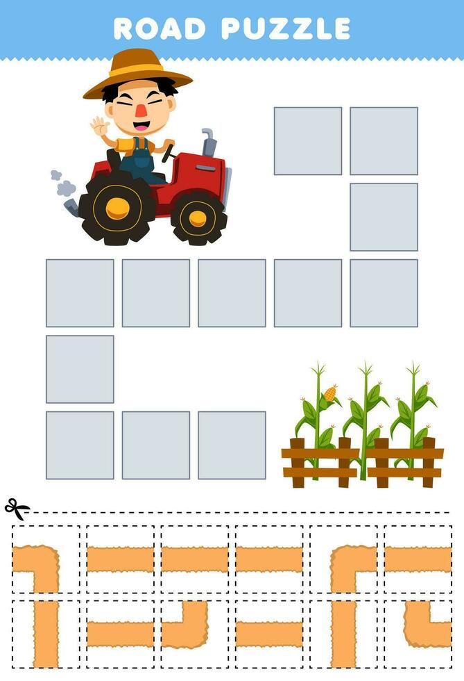 Education game for children road puzzle help farmer with tractor move to corn field printable farm worksheet vector