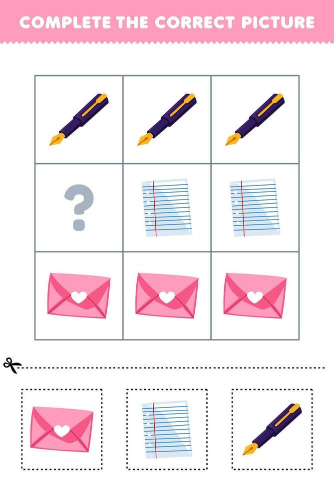 Education game for children to choose and complete the correct picture of a cute cartoon envelope paper or pen printable tool worksheet vector