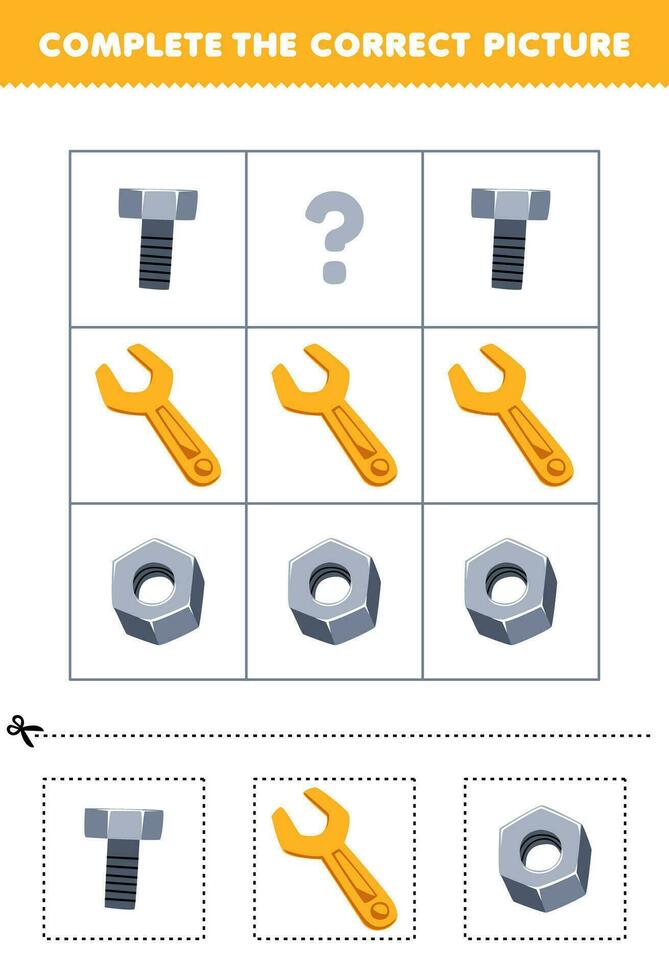 educación juego para niños a escoger y completar el correcto imagen de un linda dibujos animados llave inglesa nuez o tornillo imprimible herramienta hoja de cálculo vector