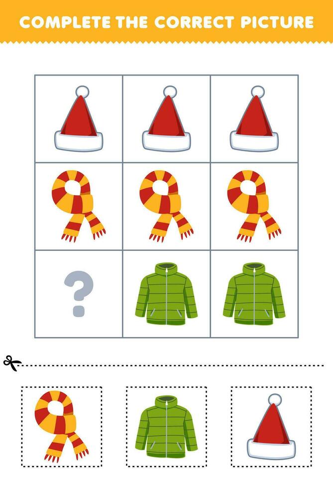 Education game for children to choose and complete the correct picture of a cute cartoon santa hat scarf or jacket printable winter worksheet vector