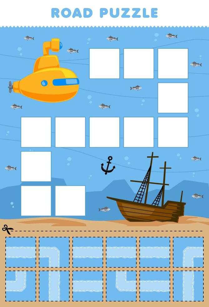 Education game for children road puzzle help submarine move to the wrecked ship printable underwater worksheet vector