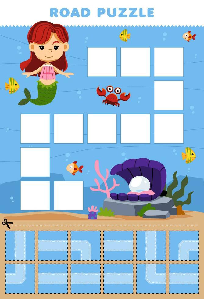 Education game for children road puzzle help mermaid move to the shell printable underwater worksheet vector