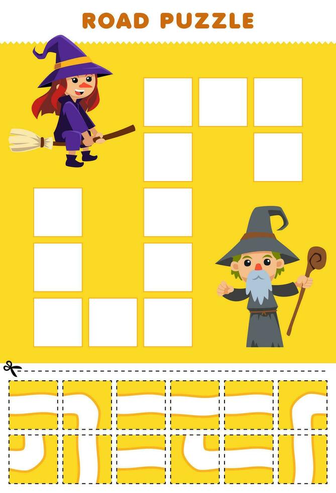Education game for children road puzzle help witch move to the wizard printable halloween worksheet vector