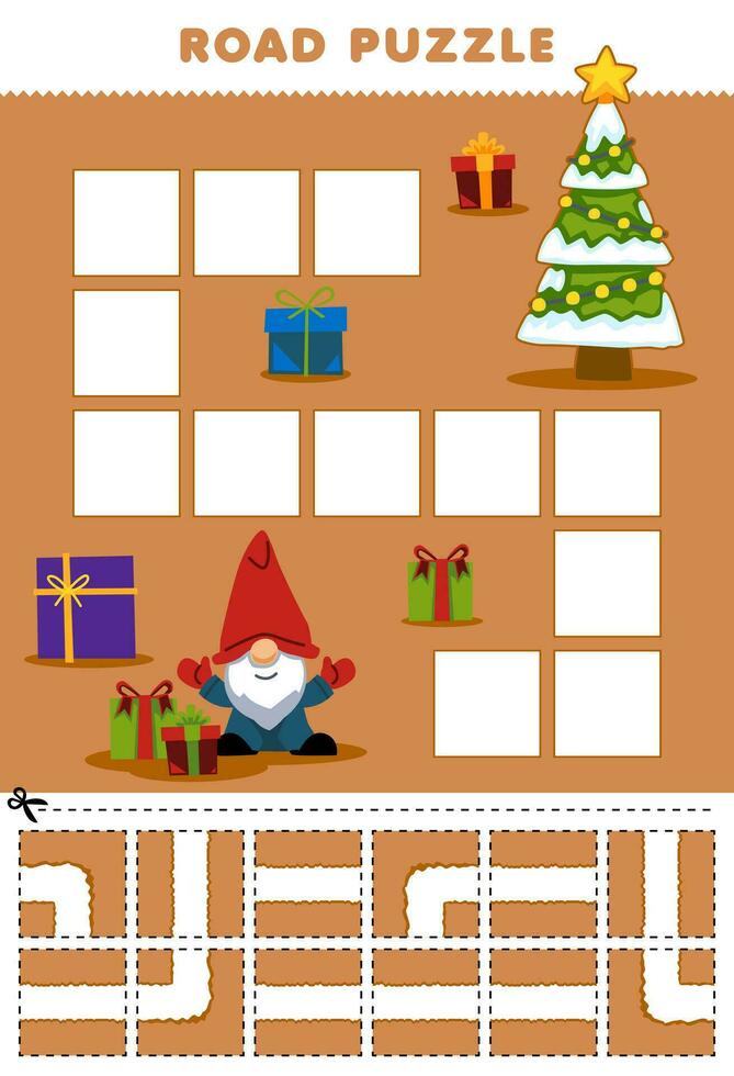 educación juego para niños la carretera rompecabezas ayuda enano moverse a el Navidad árbol imprimible invierno hoja de cálculo vector