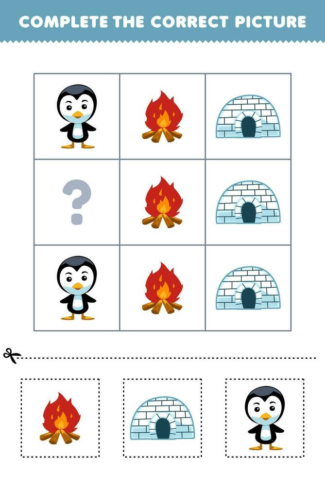 Education game for children to choose and complete the correct picture of a cute cartoon bonfire igloo or penguin printable winter worksheet vector