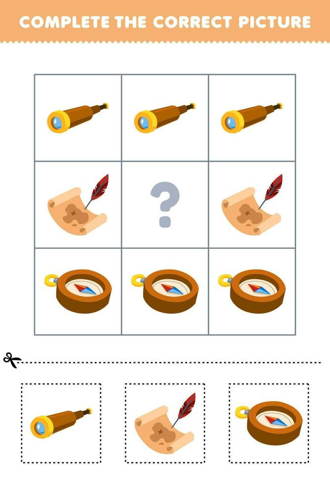 Education game for children to choose and complete the correct picture of a cute cartoon spyglass treasure map or compass printable pirate worksheet vector