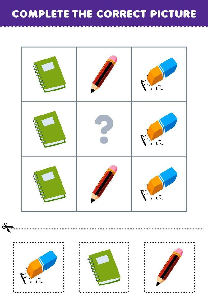Education game for children to choose and complete the correct picture of a cute cartoon eraser book or pencil printable tool worksheet vector