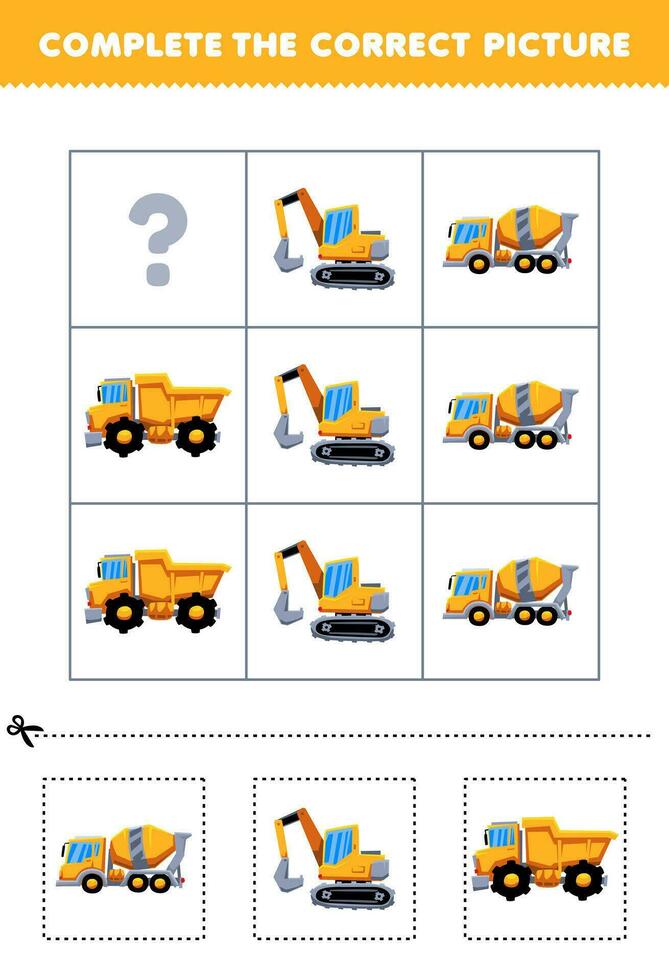 Education game for children to choose and complete the correct picture of a cute cartoon concrete mixer truck excavator or dump truck printable transportation worksheet vector