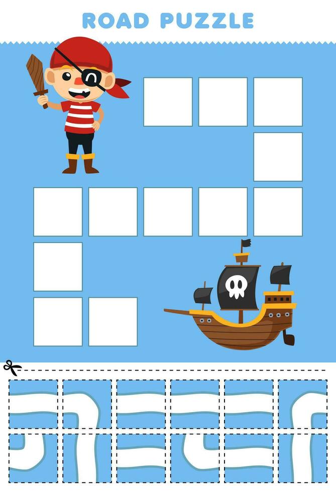 Education game for children road puzzle help pirate boy move to the ship printable halloween worksheet vector