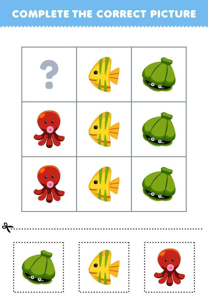 Education game for children to choose and complete the correct picture of a cute cartoon shell fish or octopus printable underwater worksheet vector