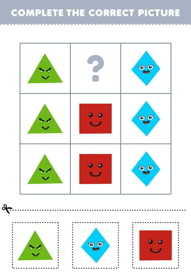 Education game for children to choose and complete the correct picture of a cute cartoon triangle rhombus or square printable shape worksheet vector