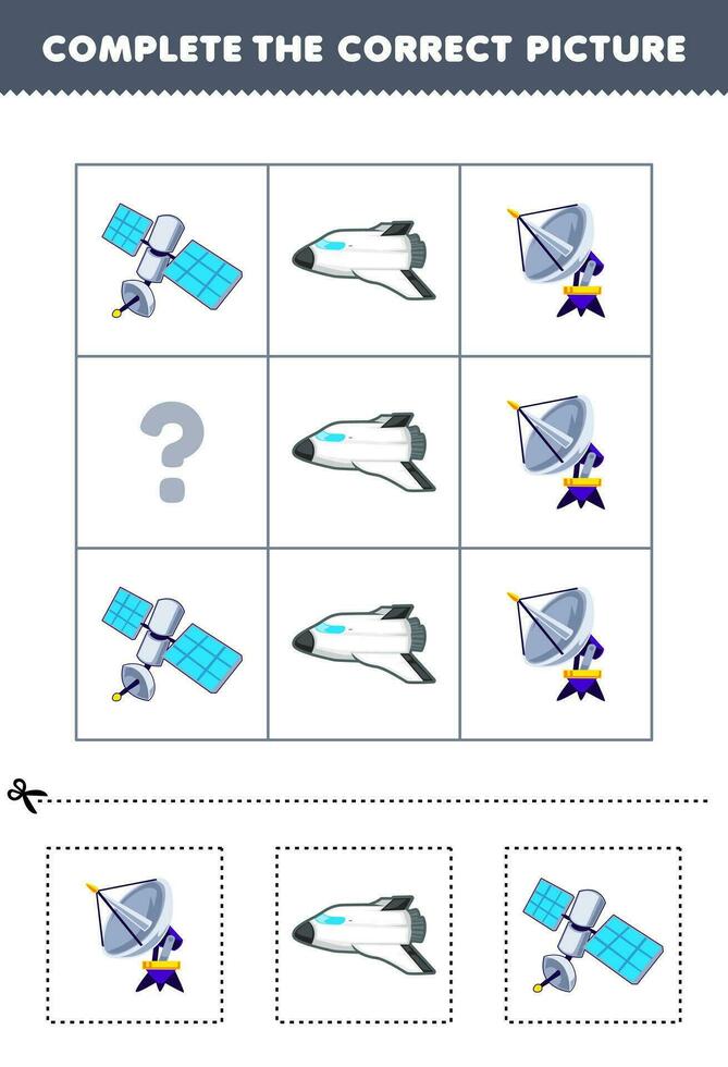 educación juego para niños a escoger y completar el correcto imagen de un linda dibujos animados Radar satélite o astronave imprimible solar sistema hoja de cálculo vector