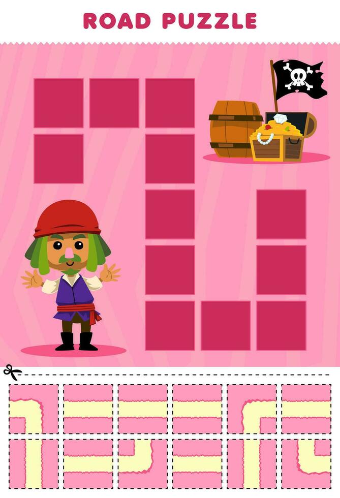 Education game for children road puzzle help man move to the treasure chest printable pirate worksheet vector