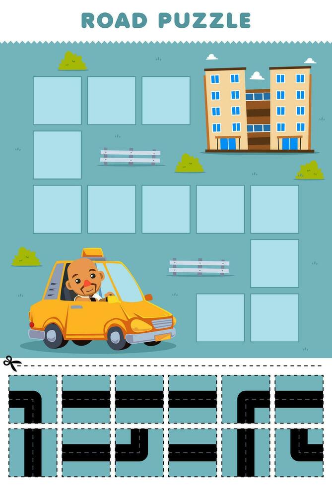 Education game for children road puzzle help driver move to the hotel building printable profession worksheet vector
