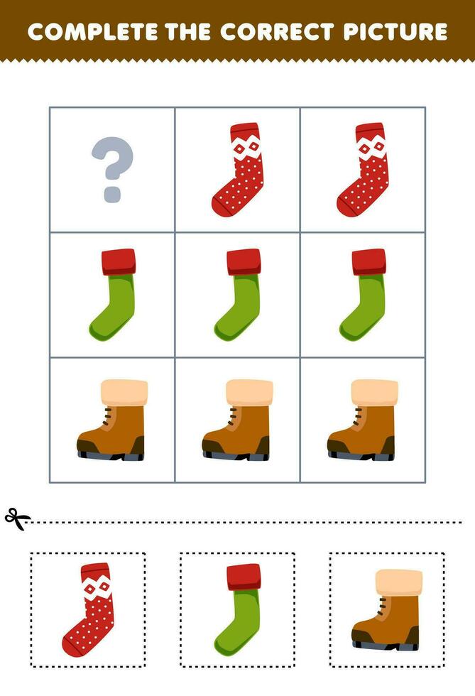 Education game for children to choose and complete the correct picture of a cute cartoon sock or boot printable winter worksheet vector