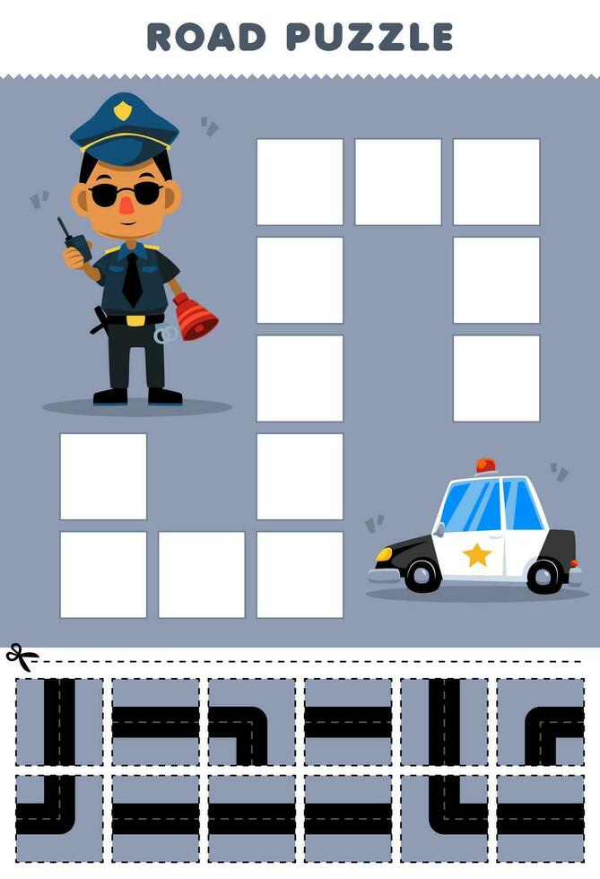 educación juego para niños la carretera rompecabezas ayuda policía moverse a el policía coche imprimible profesión hoja de cálculo vector