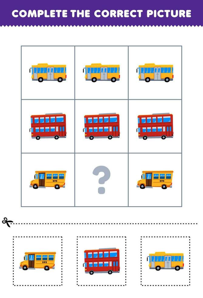 Education game for children to choose and complete the correct picture of a cute cartoon bus printable transportation worksheet vector