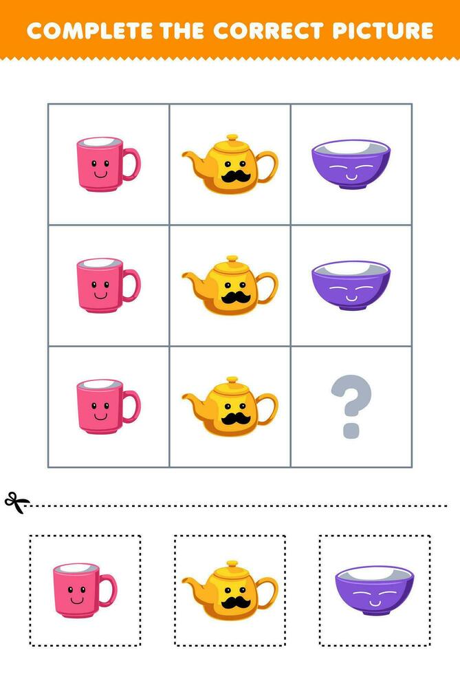 Education game for children to choose and complete the correct picture of a cute cartoon mug teapot or bowl printable tool worksheet vector