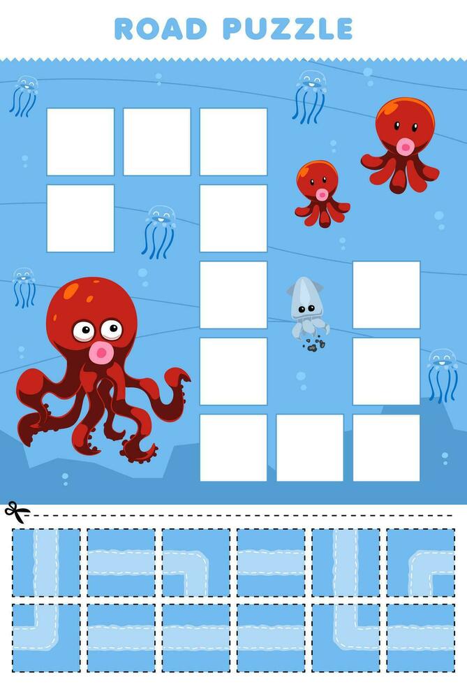 educación juego para niños la carretera rompecabezas ayuda pulpo moverse a el bebé pulpo imprimible submarino hoja de cálculo vector