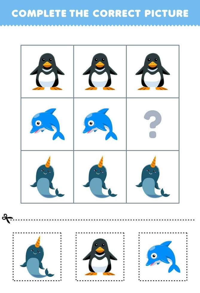 Education game for children to choose and complete the correct picture of a cute cartoon narwhal penguin or dolphin printable underwater worksheet vector