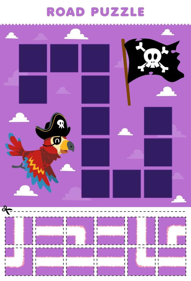 Education game for children road puzzle help parrot move to the flag printable pirate worksheet vector