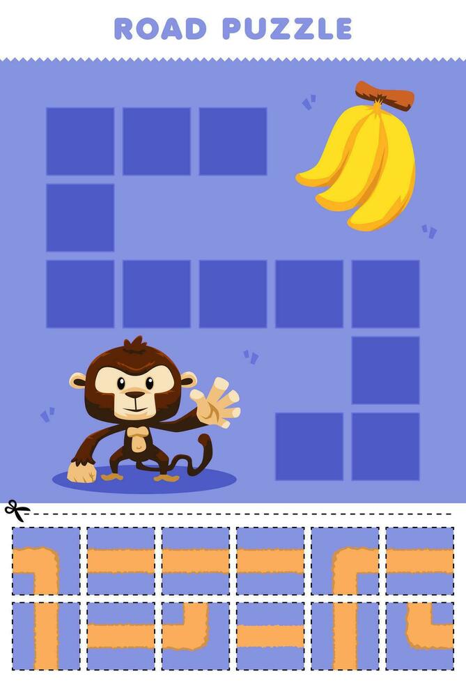 Education game for children road puzzle help monkey move to banana printable animal worksheet vector