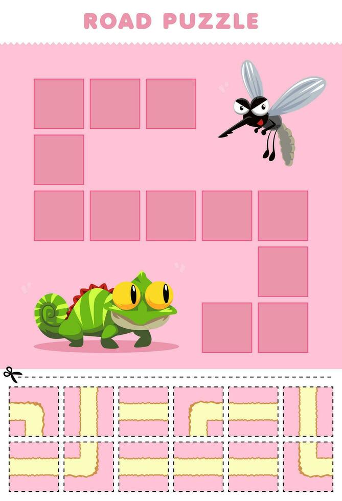 educación juego para niños la carretera rompecabezas ayuda iguana moverse a mosquito imprimible animal hoja de cálculo vector